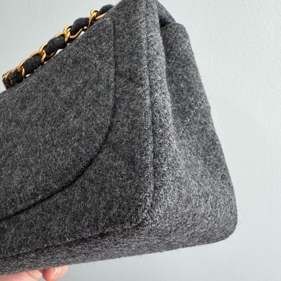 Chanel Vintage Grey Wool Mini Square Flap 24k Gold Plated Hardware - Picture 11 of 16